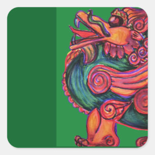 red Chinese lion on green Square Sticker