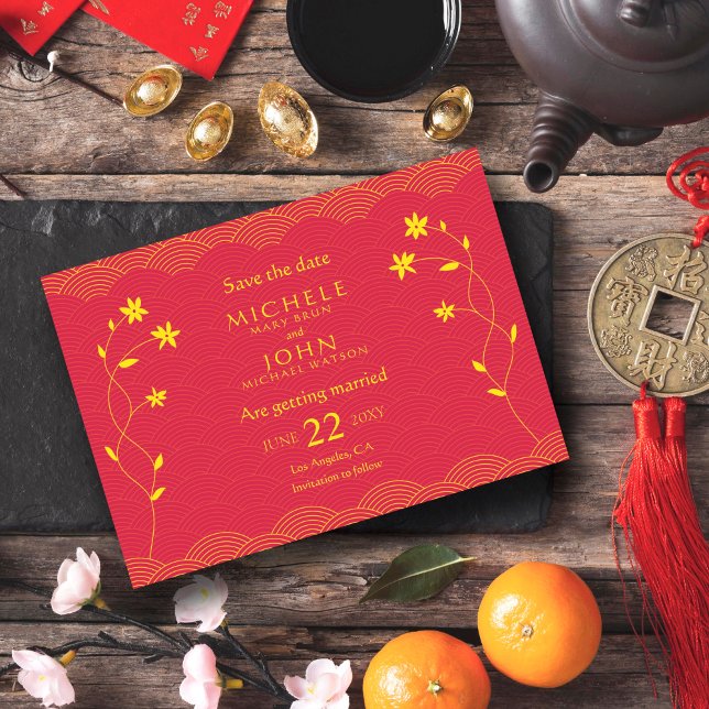 Red Chinese Themed Floral Save The Date Card (Creator Uploaded)