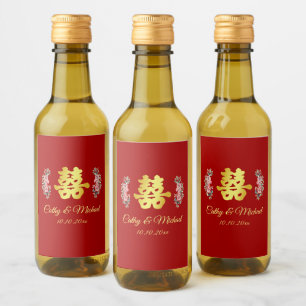 Red Chinese wedding double happiness floral  Wine Label