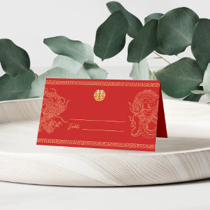 Red Chinese wedding dragon phoenix banquet Place Card
