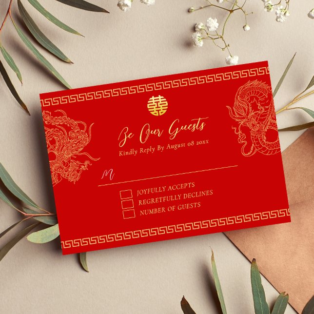Red Chinese wedding dragon phoenix bridal RSVP Card (Creator Uploaded)