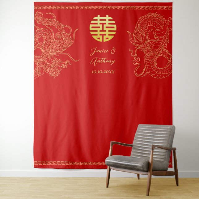 Red Chinese wedding dragon phoenix photo backdrop Tapestry (In Situ)
