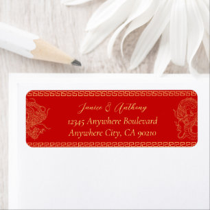 Red Chinese wedding dragon phoenix return address
