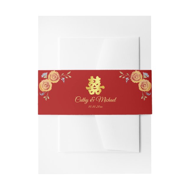 Red Chinese wedding orange floral double happiness Invitation Belly Band (Front Example)