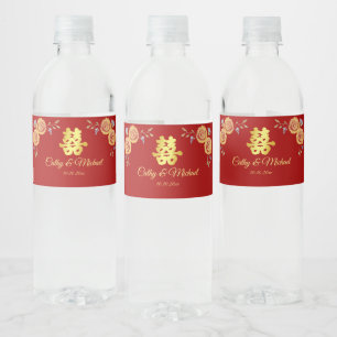Red Chinese wedding orange floral double happiness Water Bottle Label
