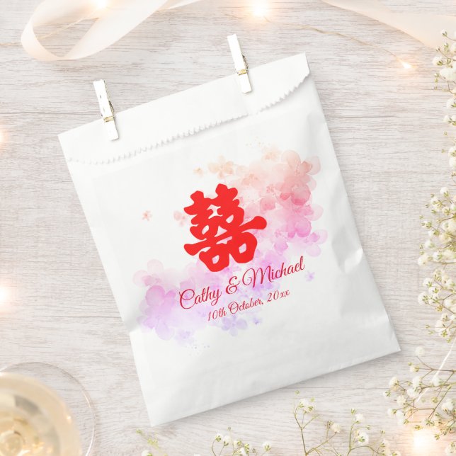 Red Chinese wedding watercolor cherry blossom Favour Bags (Clipped)