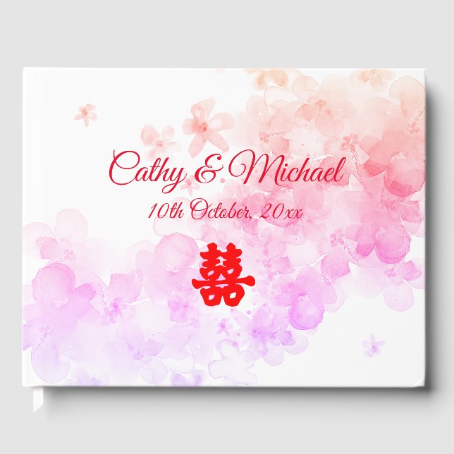 Red Chinese wedding watercolor cherry blossom Guest Book (Front)
