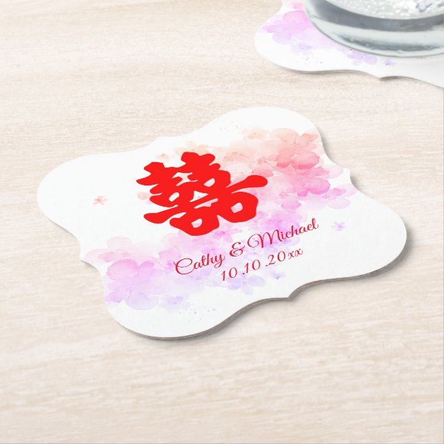 Red Chinese wedding watercolor cherry blossom Paper Coaster (Angled)