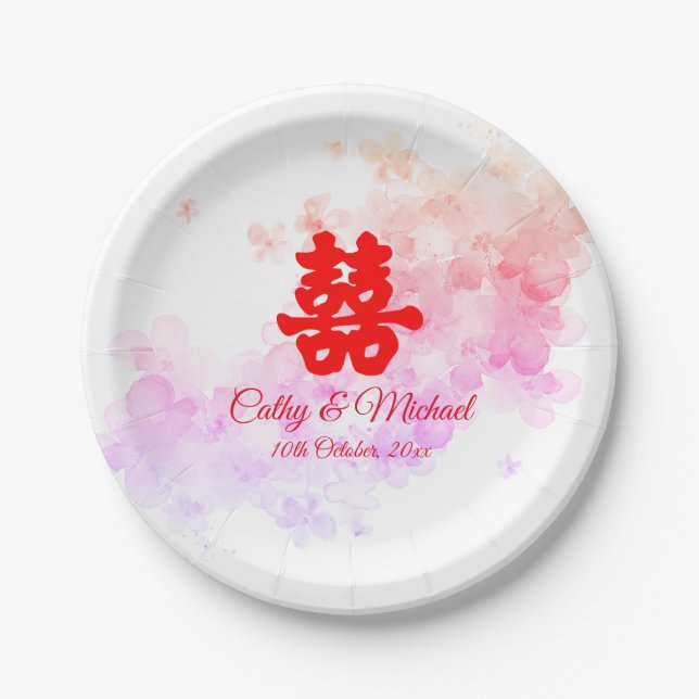 Red Chinese wedding watercolor cherry blossom Paper Plate (Front)