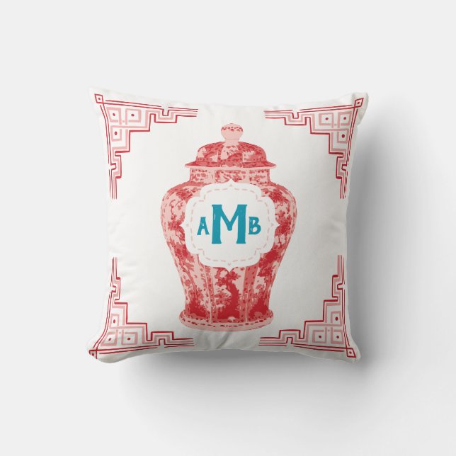 Red Chinoiserie Ginger Jar Monogram Cushion (Front)