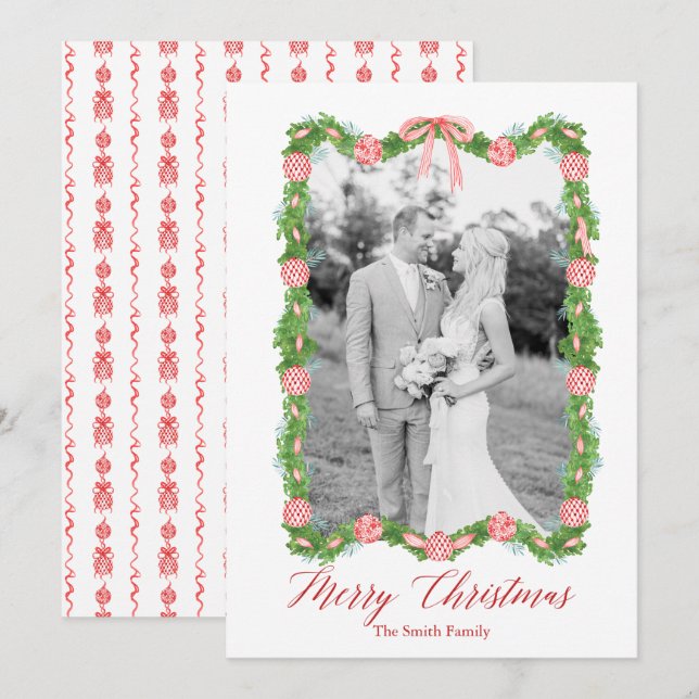 Red Chinoiserie Ornament Garland Grandmillenial  Holiday Card (Front/Back)