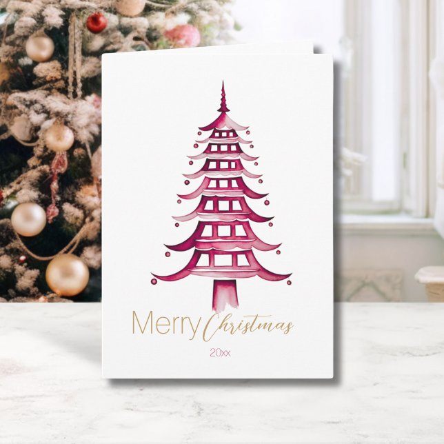 Red Chinoiserie Pagoda Christmas Tree  Card (Red Chinoiserie Pagoda Christmas Tree Card)