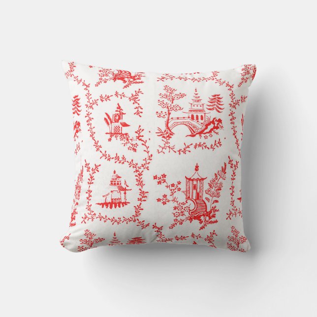 Red Chinoiserie Pagoda Cushion (Front)