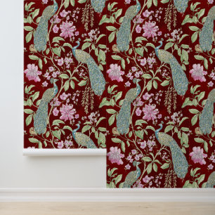 Red Chinoiserie peacock floral peel and stick  Wallpaper