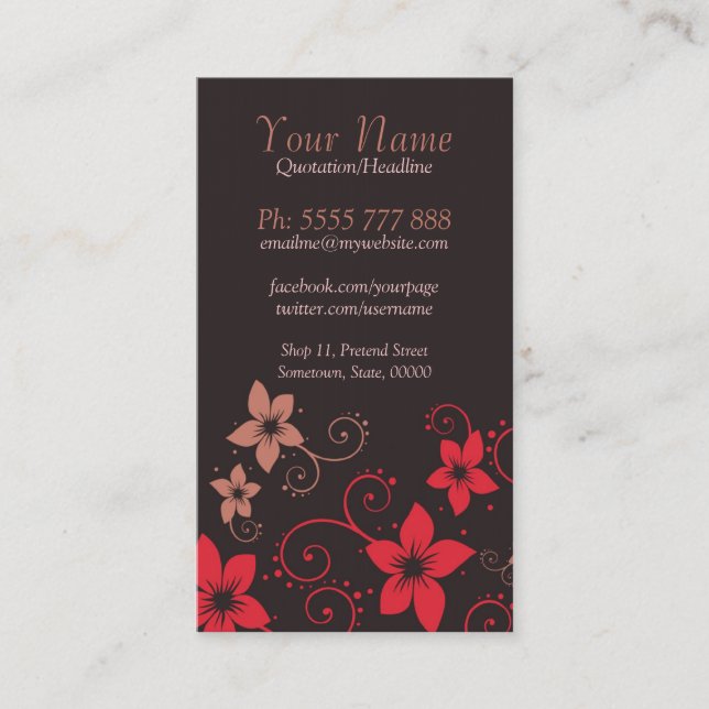 Red Choc Tropical Floral Vertical Business Card (Front)