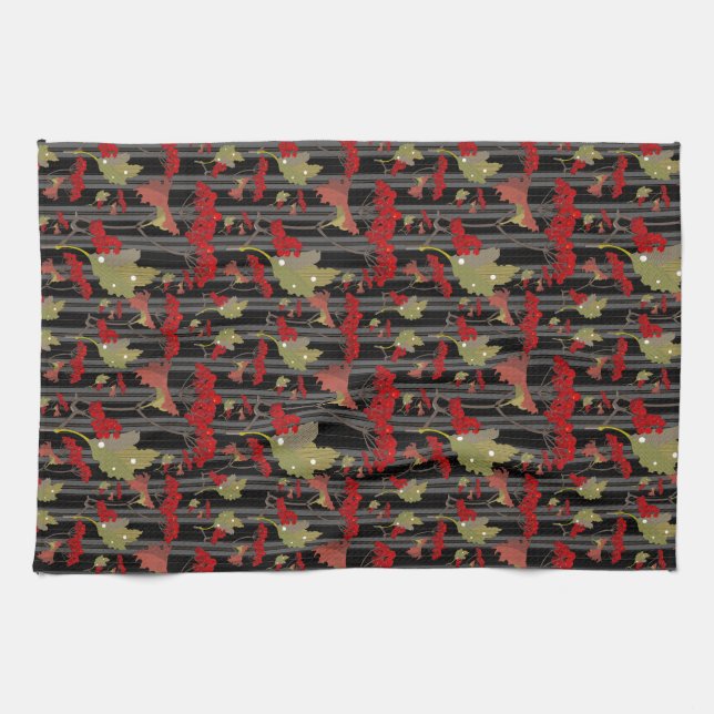 Red Chokeberry Botanical Berries Stripes Tea Towel (Horizontal)