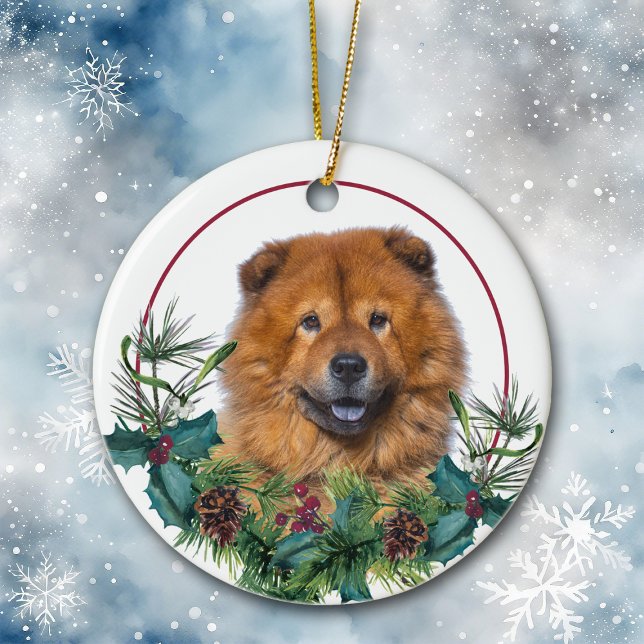 Red Chow Chow Dog Evergreen Berry Wreath Ceramic Tree Decoration (Creator Uploaded)