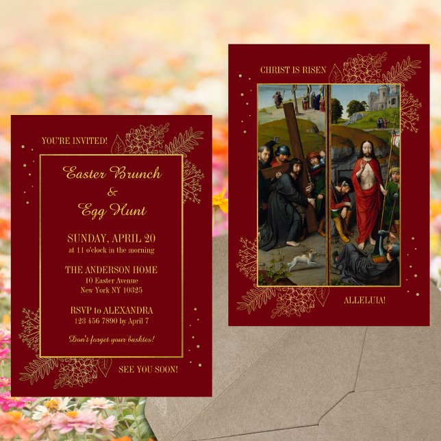Red Christian Catholic Easter Brunch Egg Hunt Invitation (Red Religious Christian Catholic Resurrection Christ is risen Easter Brunch Egg Hunt Invitation)