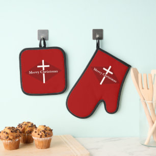 Red Christian Cross Christmas Oven Mitt & Pot Holder Set