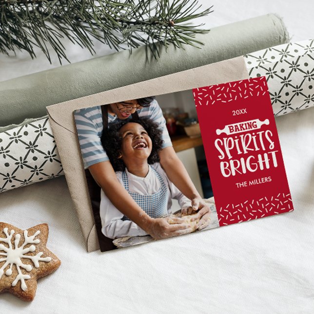 Red | Christmas Baking Spirits Bright Photo Holiday Card (BAKING SPIRIT BRIGHT PHOTO CARD CONFETTI SEND DIGITAL GREETING CARDS, MAKE BUISCUITS CHRISTMAS )