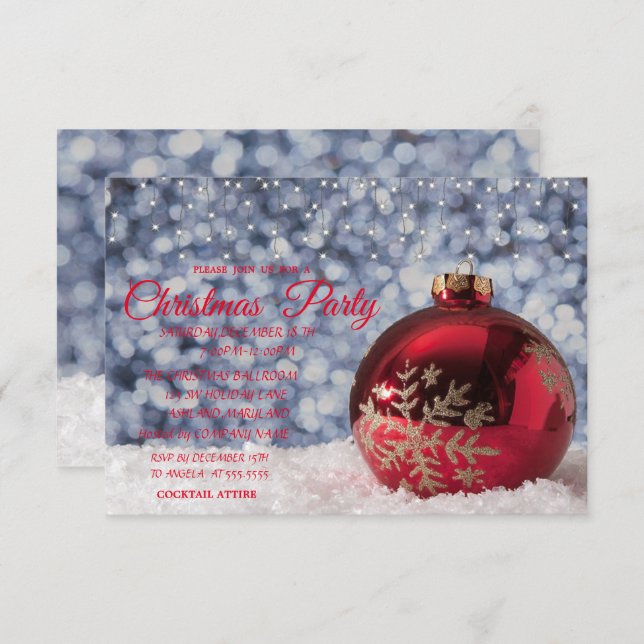 Red Christmas Ball,Bokeh Company Christmas Party Invitation (Front/Back)