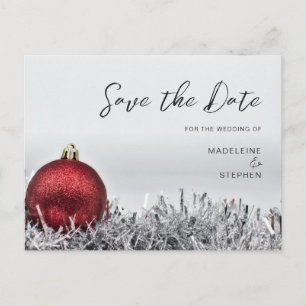 Red Christmas ball & silver garland Save the Date Postcard