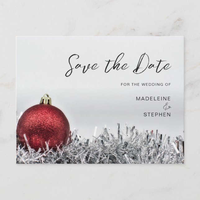 Red Christmas ball & silver garland Save the Date Postcard (Front)