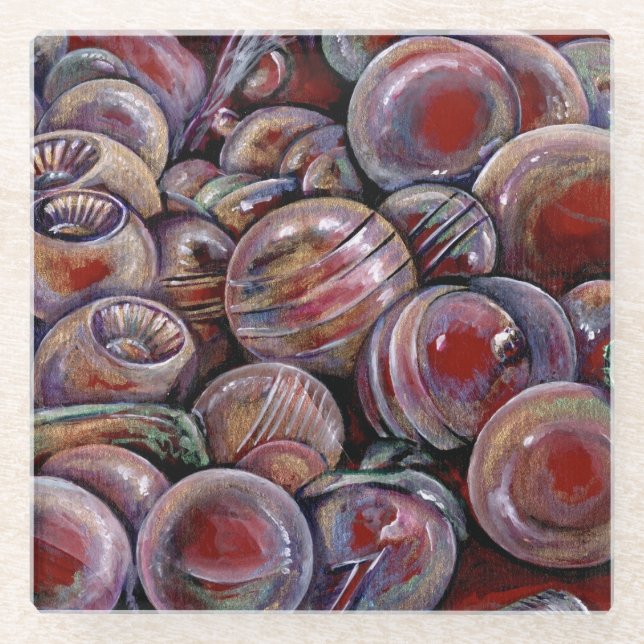 Red Christmas Balls Glass Coaster (Front)