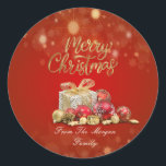 Red Christmas Balls,Presents Merry Christmas Classic Round Sticker<br><div class="desc">Elegant christmas balls,  and presents on red background.</div>