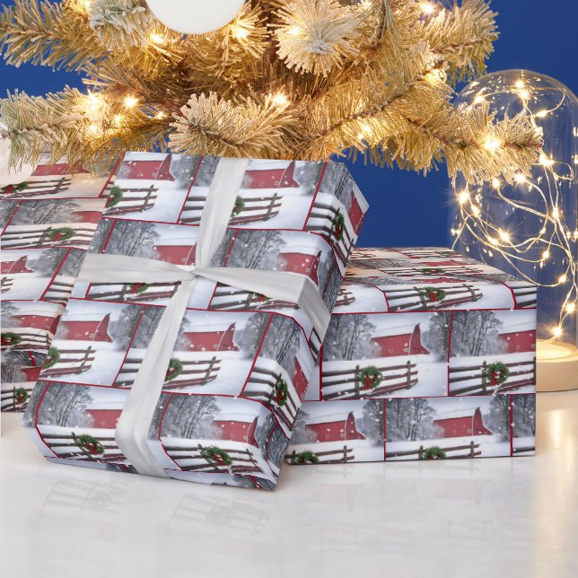 Red Christmas Barn In Snow Wrapping Paper (Holidays)