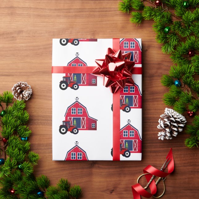 Red Christmas Barn with Tractor Wrapping Paper (Holiday Gift)