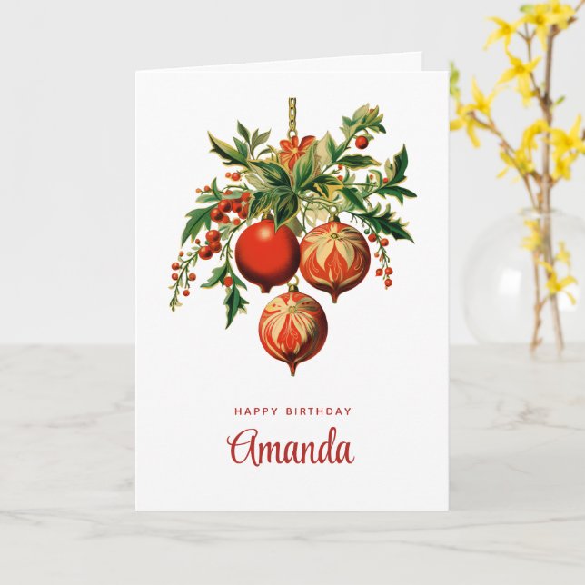 Red Christmas Baubles with Holly Festive Card (Yellow Flower)