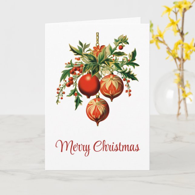 Red Christmas Baubles with Holly Festive Card (Yellow Flower)