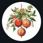 Red Christmas Baubles with Holly Festive Classic Round Sticker<br><div class="desc">Stickers with a vintage style illustration. 3 red Christmas baubles surrounded by green holly and berries. Stylish retro design.</div>