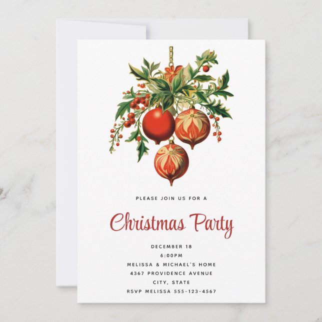 Red Christmas Baubles with Holly Festive Invitation (Front)