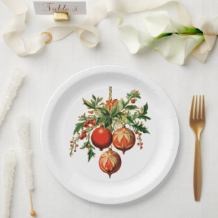 Red Christmas Baubles with Holly Festive Paper Plate