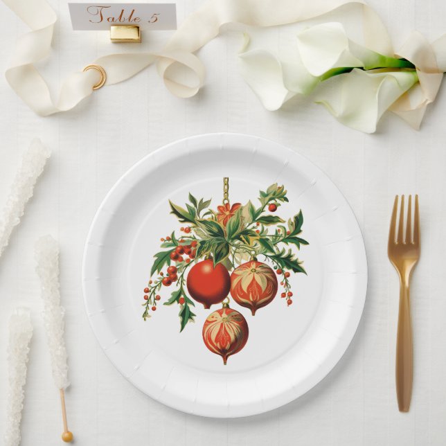 Red Christmas Baubles with Holly Festive Paper Plate (Wedding)
