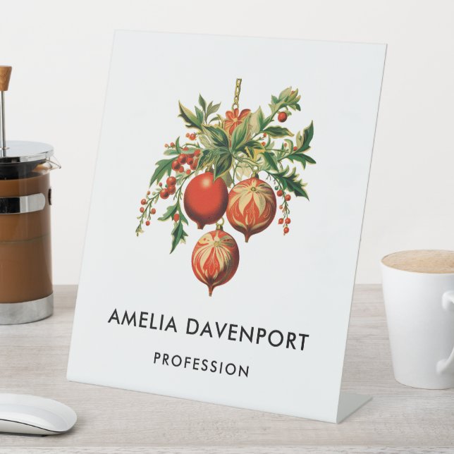 Red Christmas Baubles with Holly Festive Pedestal Sign (In SItu)