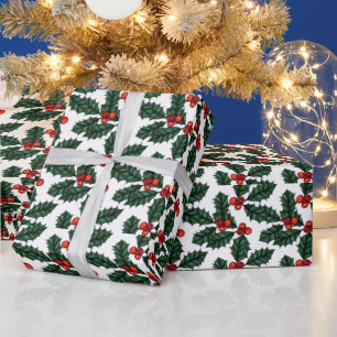 Red Christmas Berries and Leaves White Christmas Wrapping Paper