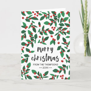 Red Christmas Berries Brush Script Merry Christmas Holiday Card