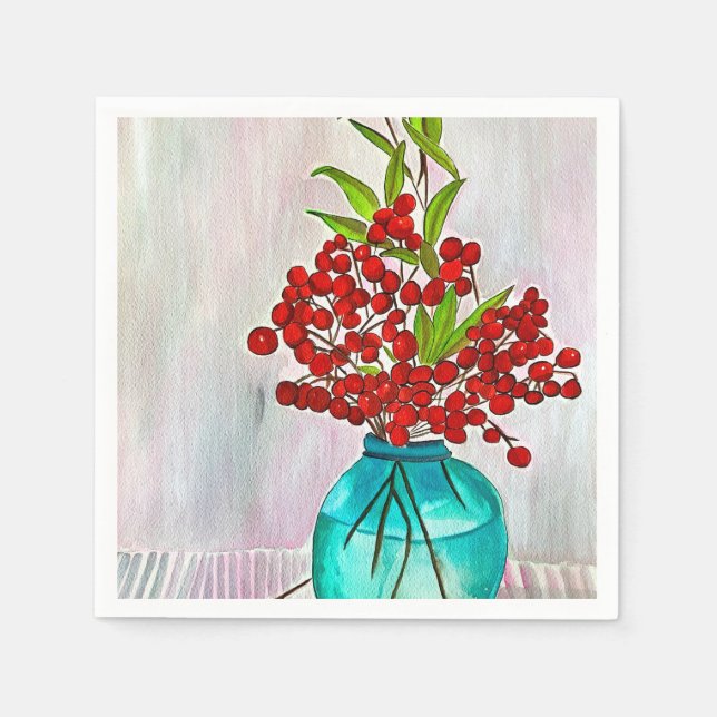 Red Christmas Berries watercolor fine art Napkin (Front)