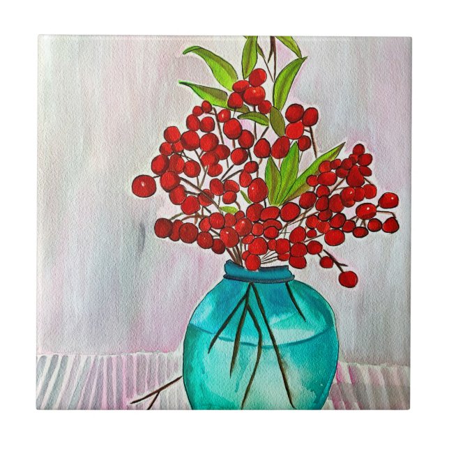 Red Christmas Berries watercolor fine art Tile (Front)