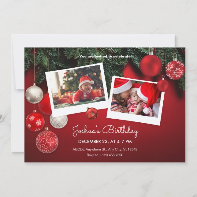 Red Christmas birthday Photo Collage birthday Invitation (Front)