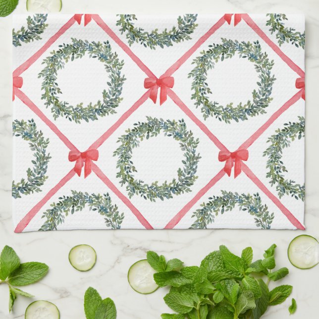 Red Christmas bow and Ribbon Tea Towel (Folded)