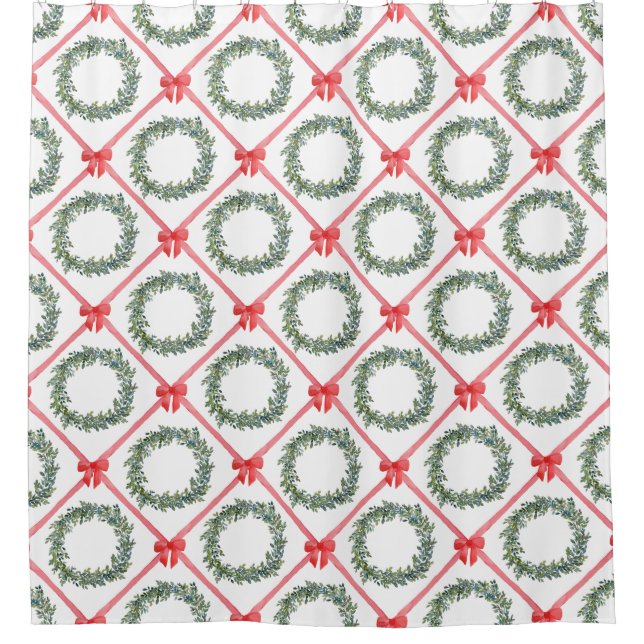 Red Christmas Bow Boxwood Wreath Shower Curtain (Front)