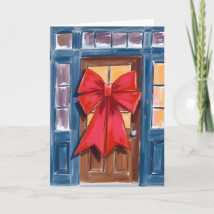 Red Christmas Bow Door Wreath Watercolor Card