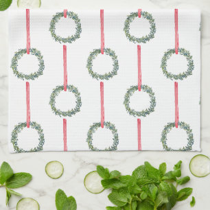 Red Christmas Boxwood Wreath Tea Towel
