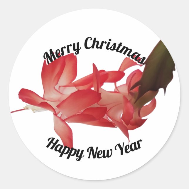 Red Christmas Cactus Floral Photo Merry Christmas Classic Round Sticker (Front)