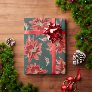 Red Christmas Cactus Flowers on Evergreen Wrapping Paper