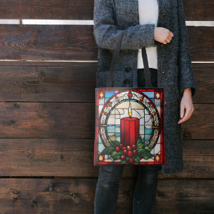 Red Christmas Candle Faux Stained Glass Tote Bag